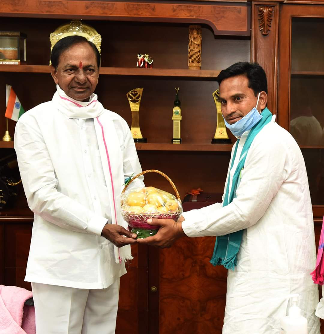 HRMN-99 apple are being presented by Sh. Kendra Bala ji to the Hon'ble Chief Minister of Telangana
